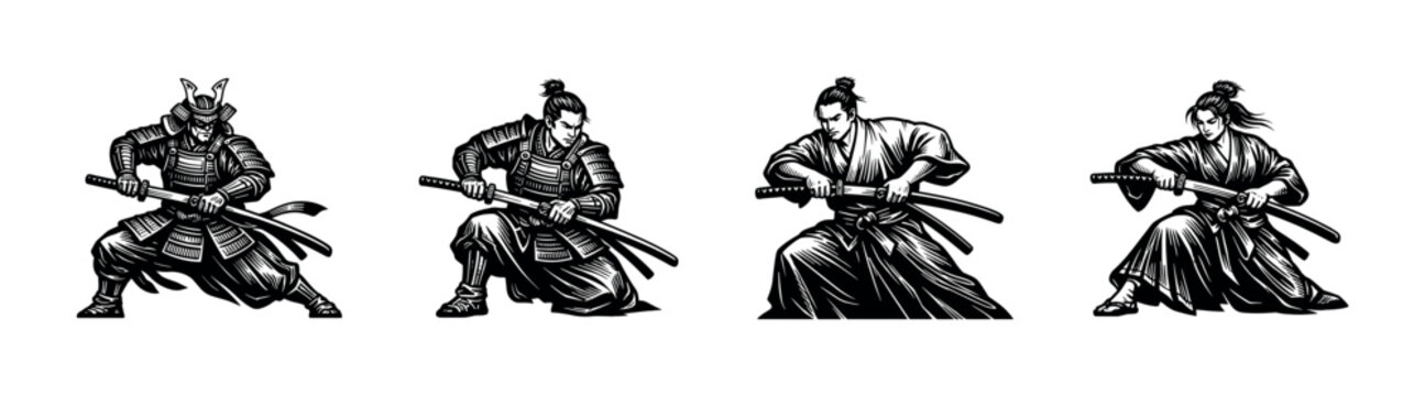Black and white samurai warriors silhouette illustration japanese swordsmanship art elements