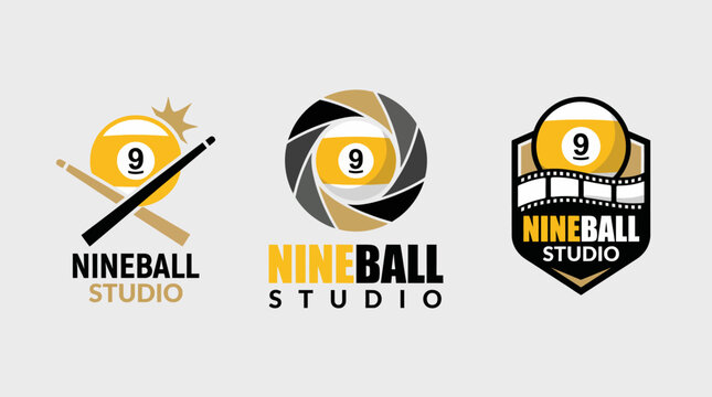 This image showcases three unique logos for Nineball Studio, featuring a sleek billiard theme with various artistic styles and bold color schemes for branding.
