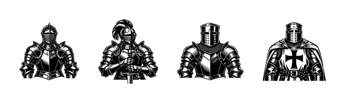 Medieval knight armor silhouettes, black and white vector illustration, historical theme