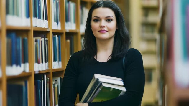 Young woman holding books in a library with shelves full of books