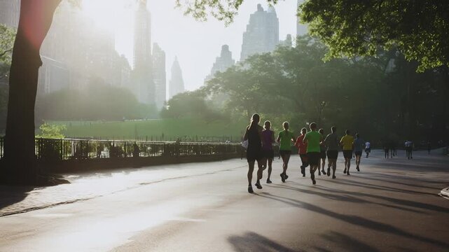 Group of runners in Central Park with city skyline in the background at sunrise