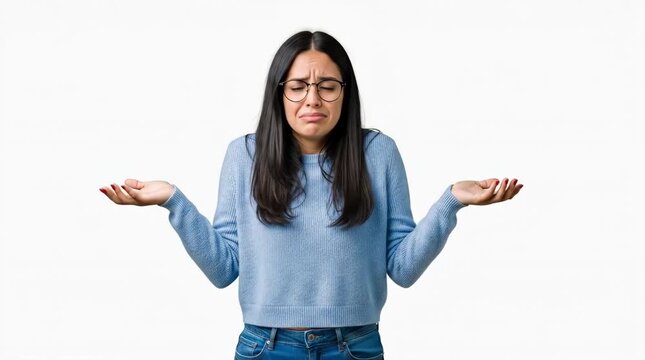 A young woman with a confused expression shrugs her shoulders