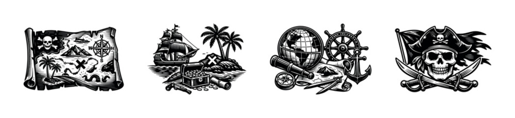 Obraz premium Black and white pirate themed illustrations with map ship and skull vector elements