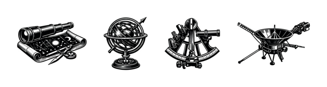Astronomy tools vintage vector illustration featuring telescope sextant astrolabe spacecraft