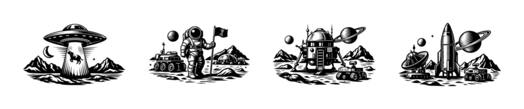 Black and white space exploration vector illustrations with alien ufo astronaut and rocket elements