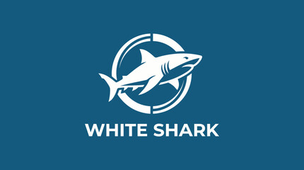 This image depicts a striking white shark logo within a circular design, showcasing a powerful aquatic theme that represents strength and nature's beauty. © june