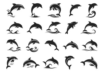 Dolphin Animal Silhouette vector jumping out of ocean waves,  Marine Ocean Wildlife Minimal Vector Icon Illustration © Vectorelle Art