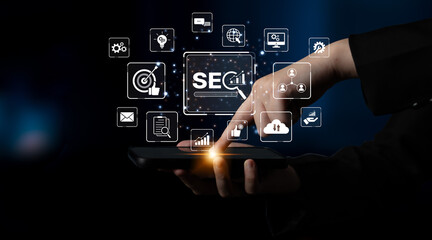 SEO concept for improving SEO visibility, with SEO related digital tools and SEO performance icons...
