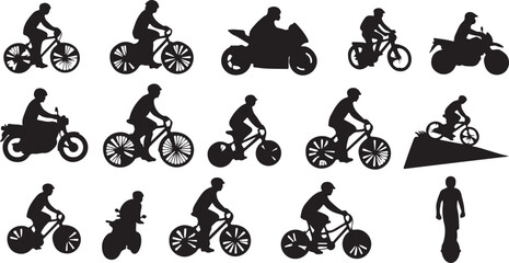 Fototapeta premium Collection of bicycle and motorcycle silhouettes with riders in various poses and actions 