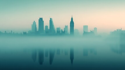 Obraz premium A misty city skyline reflected in calm water, with tall skyscrapers and iconic buildings silhouetted against a pale sky.
