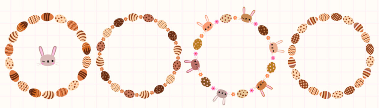 Cute chocolate eggs vector borders with bunny faces and flowers, round spring frames for package design