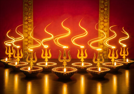 Row of lit diyas with trident holders and glowing flames against a warm red backdrop