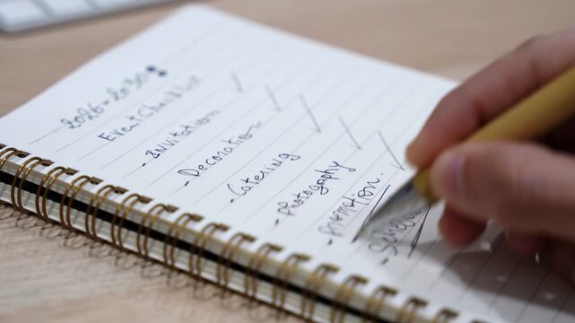 Close-up of a hand writing a job task checklist in a spiral notebook on a wooden desk indoors, with pen tip in focus and soft office background blur.