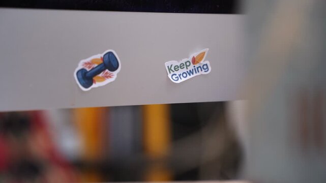 Close-up of a dumbbell sticker and Keep Growing text decal on frosted glass indoors, with shallow depth of field and warm blurred background.
