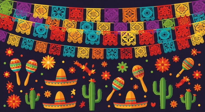 Vibrant mexican fiesta decorations with sombreros maracas cacti and colorful papel picado banners on dark background