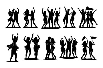 Fototapeta premium Silhouette of diverse young adults celebrating with flags and dancing.