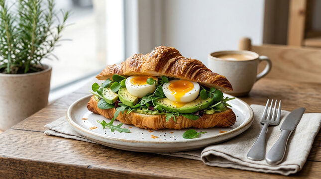 A freshly prepared croissant sandwich filled with creamy avocado, soft boiled eggs with runny yolks, and fresh greens, served on a rustic wooden table with coffee in the background. The scene captures