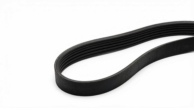 Close up of a new black serpentine accessory drive belt coiled on a bright white surface