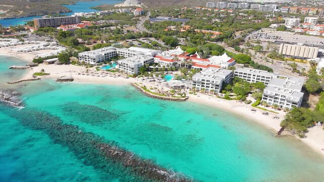 Drone aerial footage of Caribbean sea and tropical coastline near Marriott Beach resort in Curacao