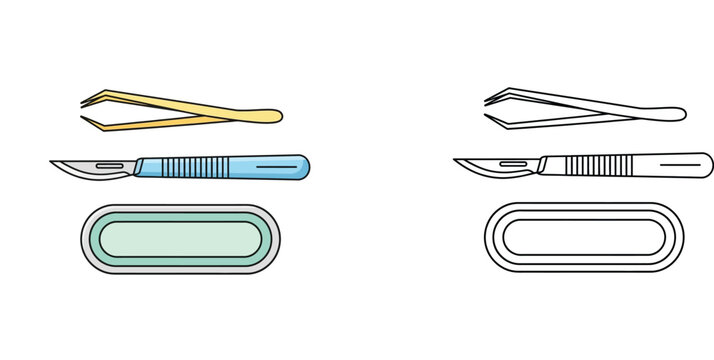Medical dissection tools including scalpel and tweezers vector illustration with coloring page version