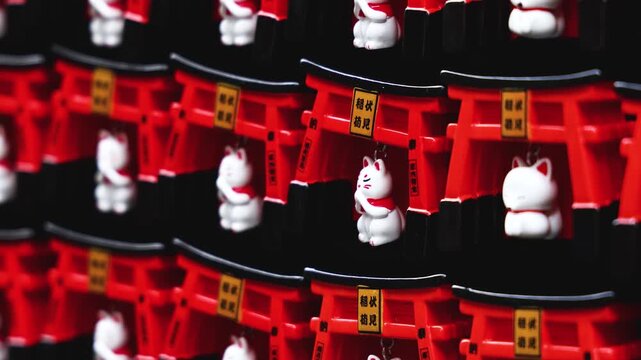 Traditional Japanese tourist souvenirs and gifts from Kyoto, Kansai, Japan, with daruma figures, kitsune fox, tengu mask, fridge magnets, toys figurines, key ring keychain, in a local vendor gift shop