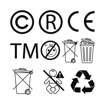 Product Symbols Icons Set - Copyright Trademark Recycling CE Vector Collection