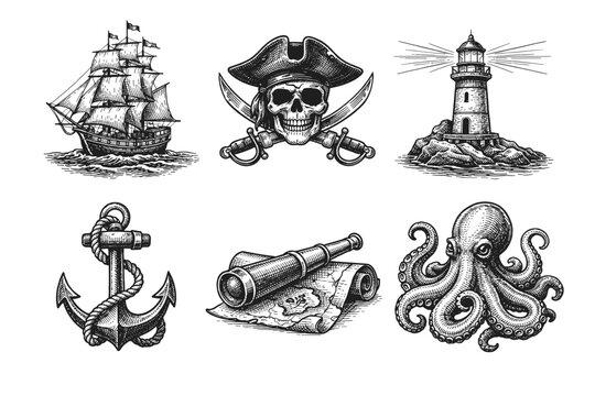 Vintage nautical engravings set in black and white classic illustration style with sailing ship lighthouse treasure chest anchor and sea map