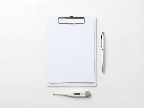 Blank clipboard with pen and digital thermometer on white background.