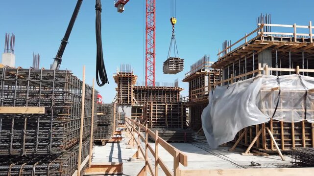 Construction site demonstrating workforce safety and concrete formwork operations