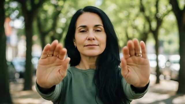A woman in a park gesturing with her hands about personal boundaries
