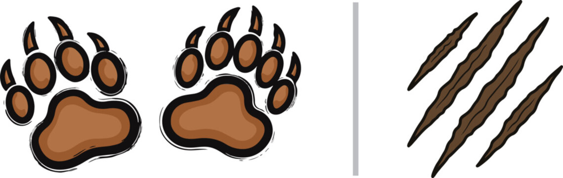 Vector illustration featuring two detailed brown bear paw prints with sharp claws on the left and three diagonal brown claw scratch marks or gashes on the right.