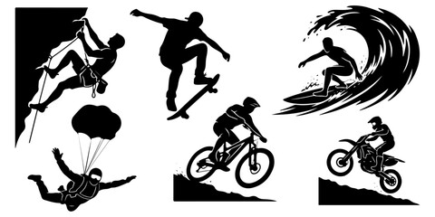 Naklejka premium Extreme sports and active lifestyle black silhouettes set. Athlete action poses including surfing, climbing, skateboarding, motocross, and skydiving isolated