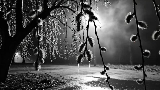 Black and white close up of a weeping willow tree with catkins in a misty park scene at night