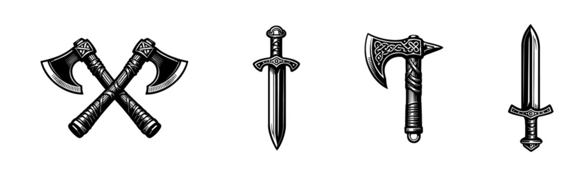 Viking axes and swords illustration, black and white vector, weapon silhouette elements