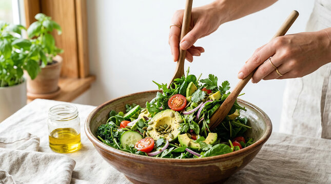 A vibrant bowl of fresh green salad with avocado, cucumber, tomatoes and herbs being gently tossed with wooden utensils. Natural light kitchen scene highlighting healthy eating and fresh ingredients.