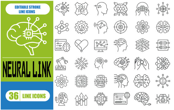  Neural network layers icon set with AI, input, output, hidden, dense, recurrent, convolutional, pooling, dropout, activation, backpropagation symbols. 