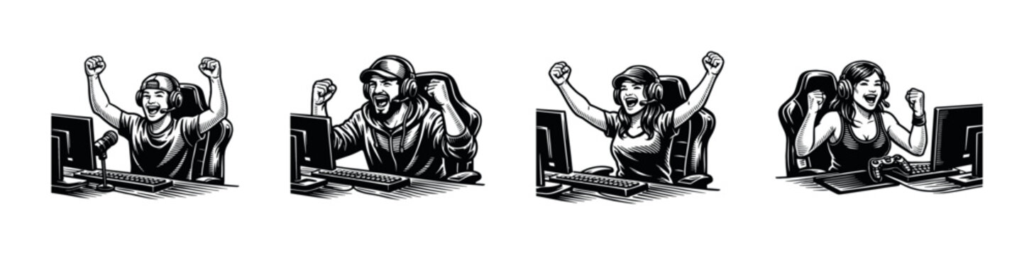 Excited gamers celebrating victory, black and white vector illustration, gaming enthusiasts, silhouette art