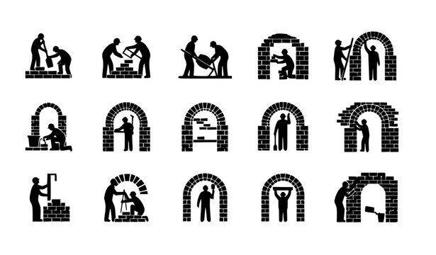 Construction worker silhouettes icon set with bricklayers building arches masonry vector collection