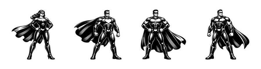 Obraz premium Superhero vector illustration set, black and white silhouette, comic style characters