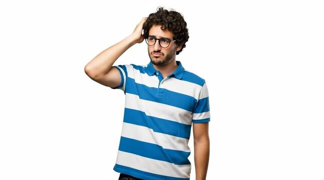 A confused young man scratching his head in a puzzled expression