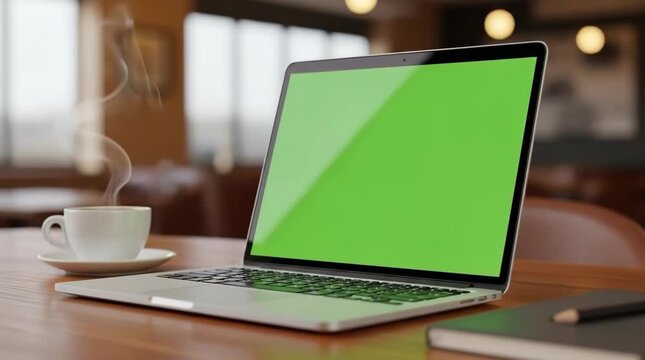 A laptop with a green screen sits on a wooden table in a cozy cafe during a recording session