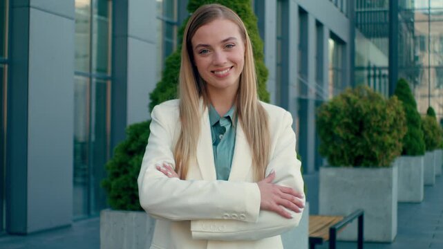 Confident smiling Caucasian business woman pointing finger at camera welcome outdoors downtown city girl female waving hand inviting recruitment come join hiring job opportunity businesswoman gesture