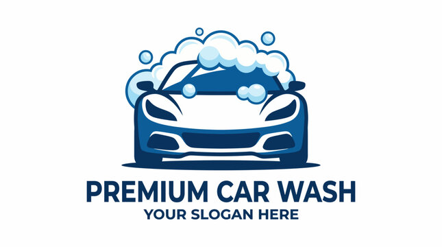 This playful logo design features a sleek car surrounded by bubbles, conveying freshness and cleanliness while promoting a professional and premium car wash service.
