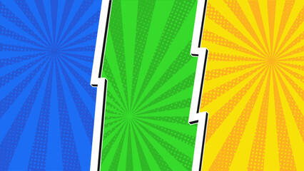 Obraz premium Colorful Pop Art Comic Panels Background in Blue Green Yellow with Halftone Rays