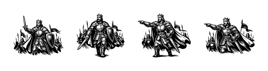 Fototapeta premium Medieval knight silhouette illustration, black and white vector of armed warriors