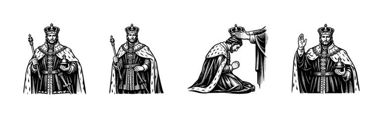 Obraz premium Medieval monarch illustrations, kings and crowns, black and white silhouette vector art