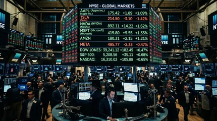 Fotobehang New York Busy trading floor at the new york stock exchange displaying global market data  © GolamDastagir