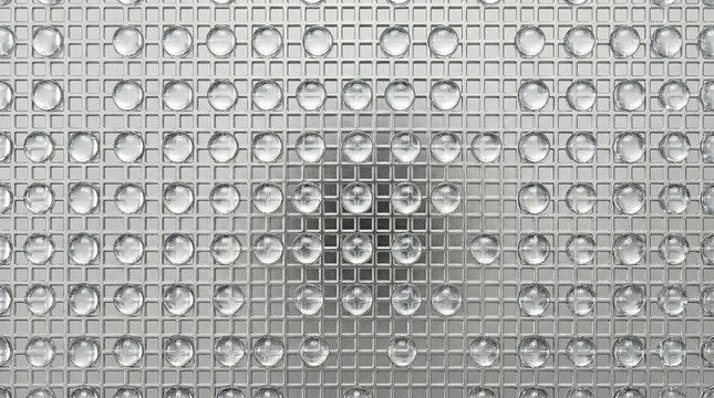 Flat macro texture of a polished silver metallic grid overlaid with clear domed epoxy resin droplets, skeuomorphic Y2K hardware background.