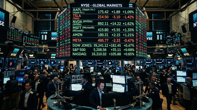Busy trading floor at the new york stock exchange displaying global market data