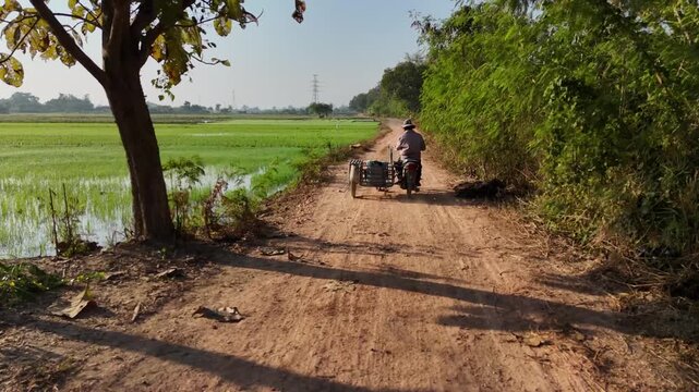 Aerial view of a person riding a motorcycle with a sidecar along a dirt road beside flooded rice fields, Chiang Rai, Thailand.